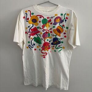 Vintage Alore Women White Graphic T-Shirt Hats Floral Large